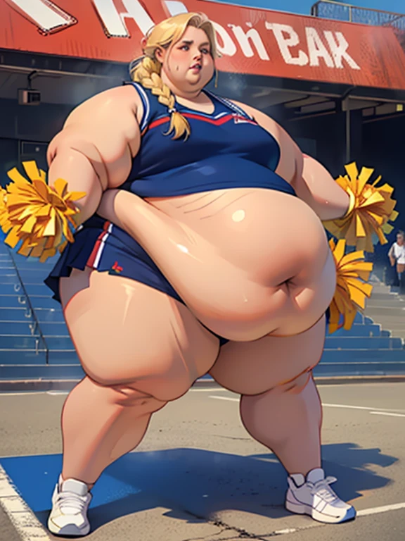 Maisie Williams, masterpiece quality, (masterpiece quality:1.3), high res, realistic, lots of detail, alone, 1girl, (1girl:1.9), solo, in a football stadium, stadium stands in background, on football field, short hair, (short hair:1.5), brunette, (brunette:1.9), wearing cheerleader uniform, wearing choker collar, topless, (naked breasts:1.5), naked body, (naked body:1.5), bare legs, (bare legs:1.5), fat body, obese belly, (obese belly:1.7), ssbbw, (ssbbw:1.5), vore belly, (vore belly:1.5), immobile from fat, immobile blob, (immobile blob:1.5), super fat body, gigantic breasts, (gigantic breasts:1.7), lots of cleavage, ahegao, (ahegao face:1.5), blushing, (blushing:1.4), lactating breasts, (lactating breasts:1.5), sitting on ground, (sitting down:1.5),