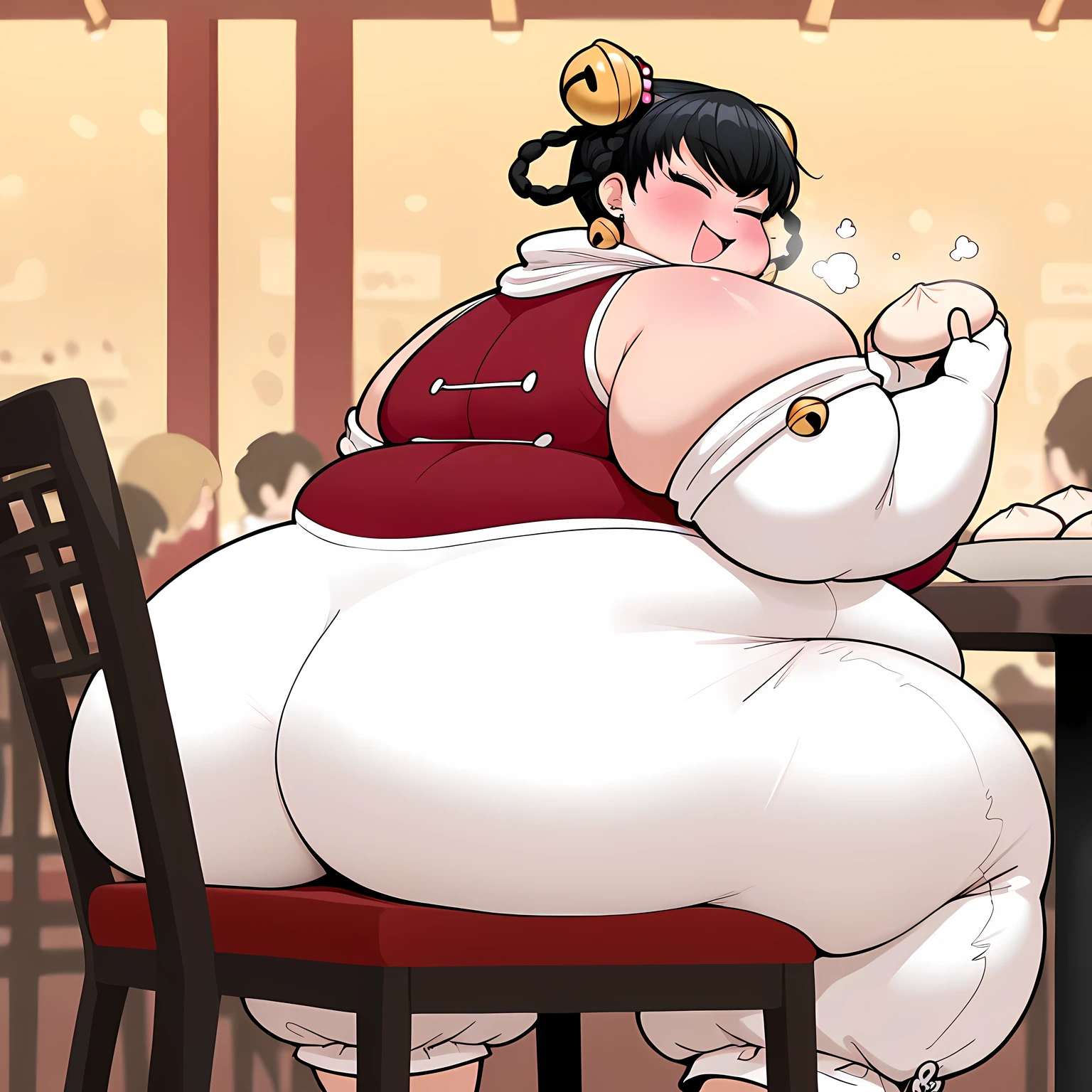 masterpiece, best quality, 1girl, solo opmll, black hair, short hair, hair rings, twin braids, hair bell, earrings, white scarf, red shirt, sleeveless shirt, detached sleeves, elbow gloves, fingerless gloves, white pants, baggy pants, (large breasts:0.7), sitting, chair, table, plate, baozi, holding baozi, happy, closed eyes, puffy cheeks, restaurant, blush, smile fat, chubby, obese, gigantic arms and legs, large breasts open mouth, out of breath, from behind, looking back, showing feet,