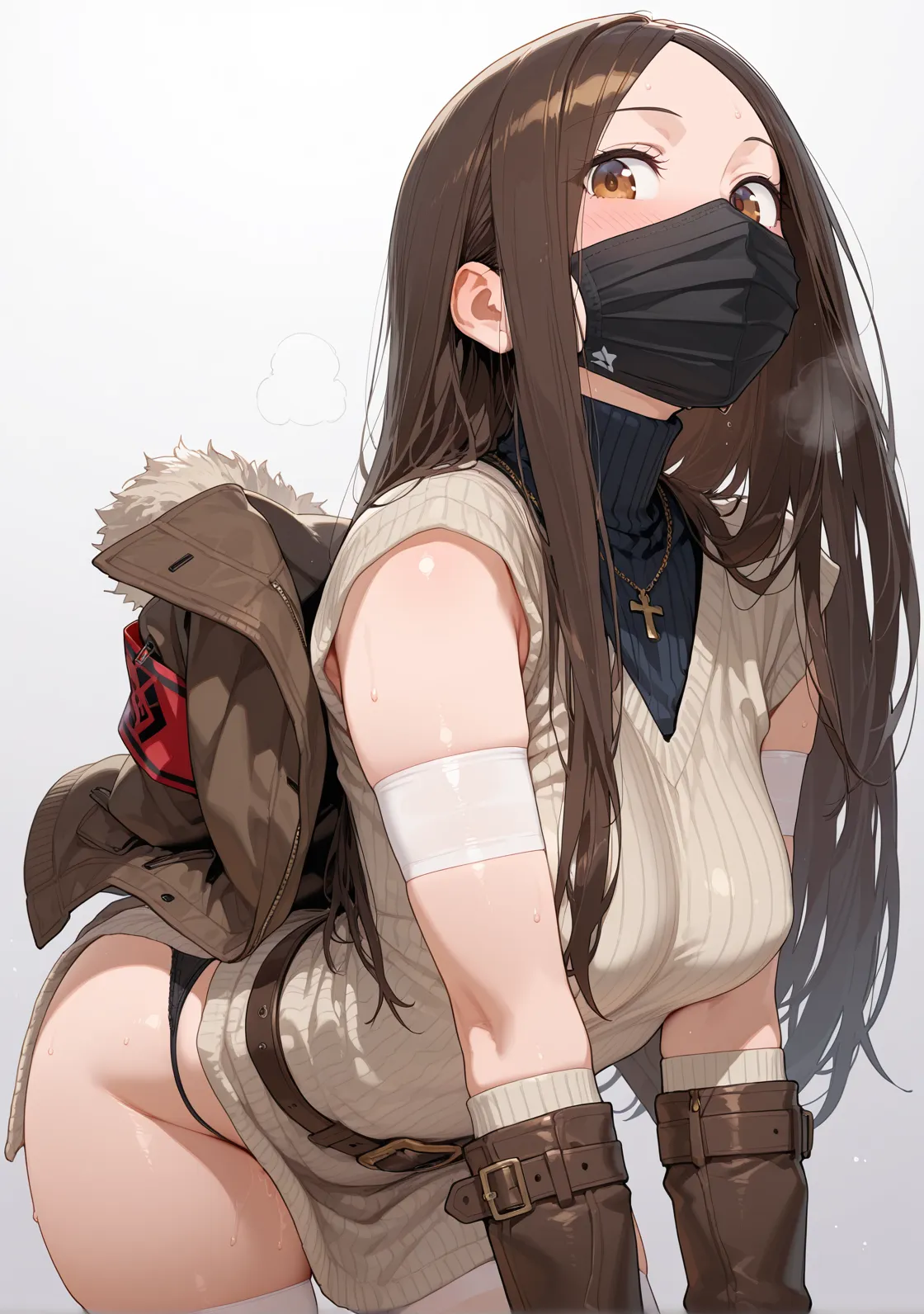 Ultra-high definition image quality、beautiful girl、Yankee Girl、Reddish brown hair、Disheveled long hair、Gal、Busy Street、Off-the-shoulder T-shirt、Tight denim skirt、Highest quality, Big Ass、Thighs、Big Breasts、High cut boots、Glare、Please put your hands on your hips、intimidating face、Put a cigarette in your mouth、Cigarette smoke、Punk Fashion、Angle from directly below、Cowboy Shot、Squat with your legs apart、satin panties