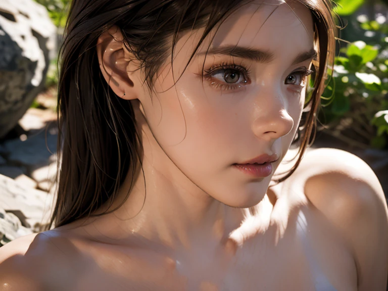 (((Masterpiece))), (((portrait))), Kujou Sara, diffused light, dynamic shadows, sharp focus, realistic, detailed, highres, absurdres, white background, no bra, photorealistic, lifelike, (((bukkake))), mascara, blushing, sleeveless, youthful appearance, pee stain, white panties, (((nudist))), (((sweept bangs))), (((side braided ponytails))), (((lips apart))), (((side)))