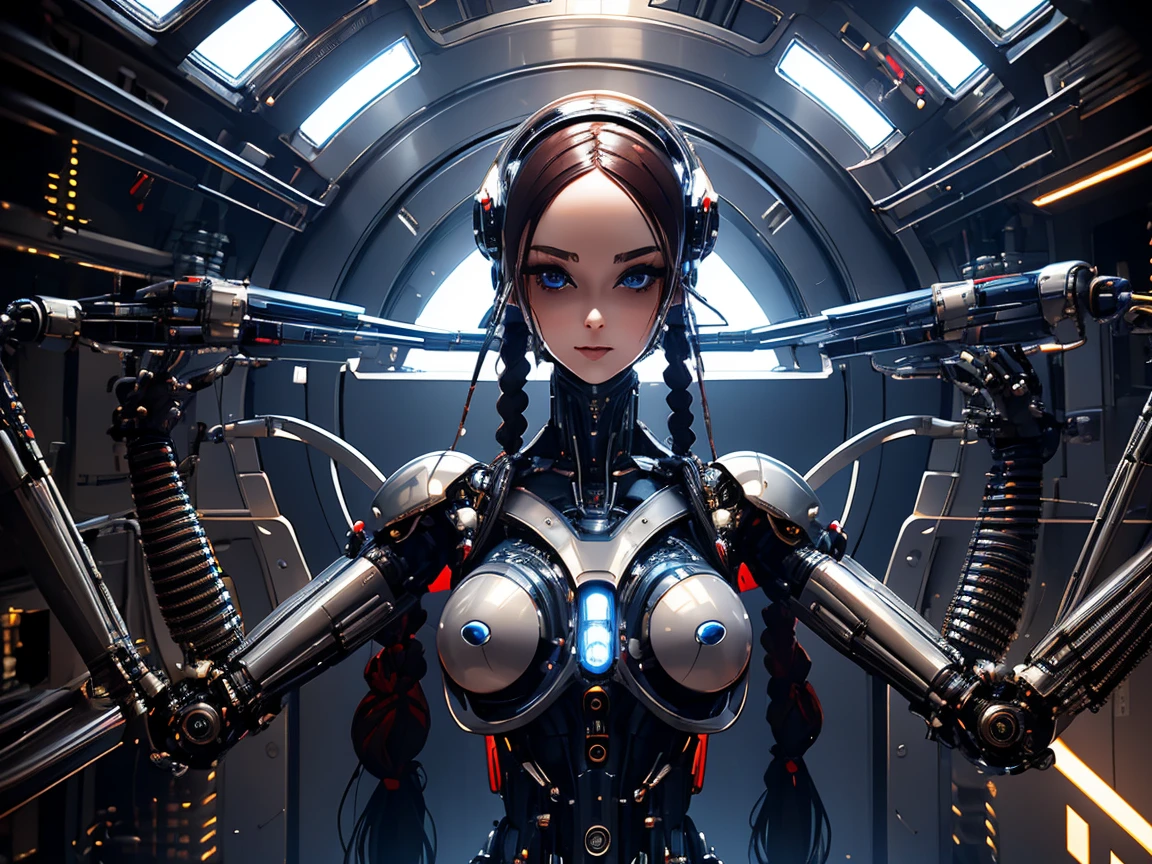 (((masterpiece))), ((best quality)), ((ultra-detailed)), (CG illustration), (an extremely devious and beautiful)), (cute desktop face), cinematic light, ((1 mechanical girl)), single, full, (machine-made joints). : 1.4), ((mechanical limb)), (blood vessel attached to tube), ((mechanical spine attached to back)), ((mechanical cervical vertebrae attached to neck), ((war machine)), expressionless, (wires and cables attached to head and body: 1.5), (character focus), science fiction