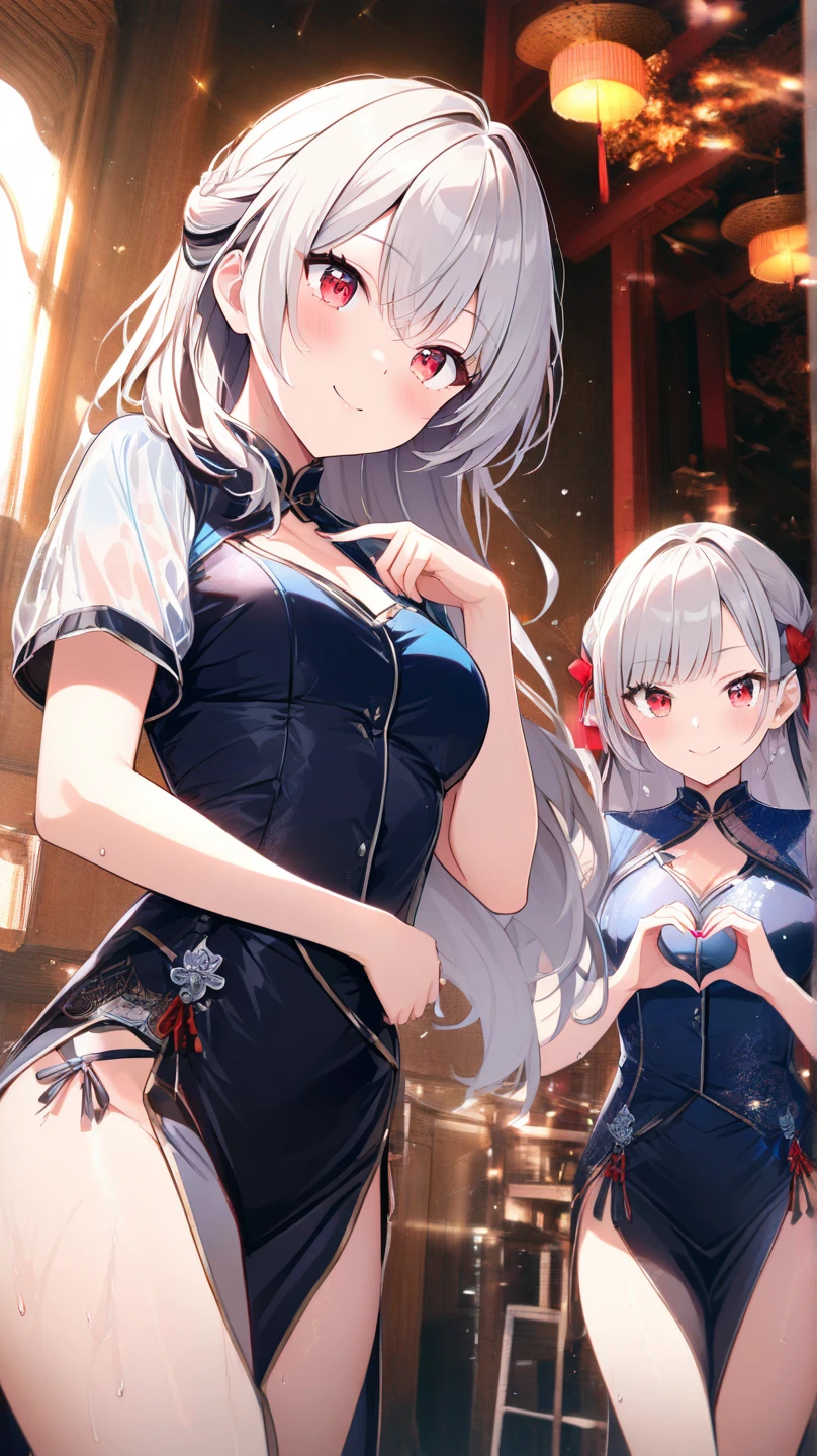 (high resolution), (The best resources), (high quality), (masterpiece), 1 plump girl, Asuna, blue eyes, long gray hair, halo, hair covering one eye, very long hair, light brown hair, (, Cracked Contrast Glue High Socks, Red latex, praying hands logo, looking at the audience, 8K HD RTX, Delicate finger detailing,Obscenity exposed,slim figure,Smile