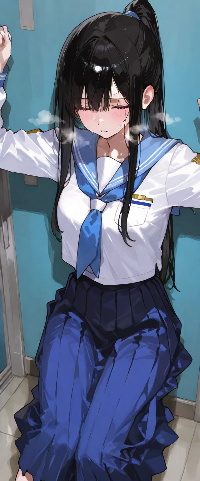 Browsing Caution,((Highest quality)),((masterpiece)),(detailed),((Anatomically correct)),((Detailed body)),((Detailed description)),sexly,((In prison)),((Kantai Collection)),((White)),Glasses,White shirt,Navy Blue Skirt,white headband,Lift the skirt with one hand,((Blue panties exposed)),Touch the Glasses with one hand,