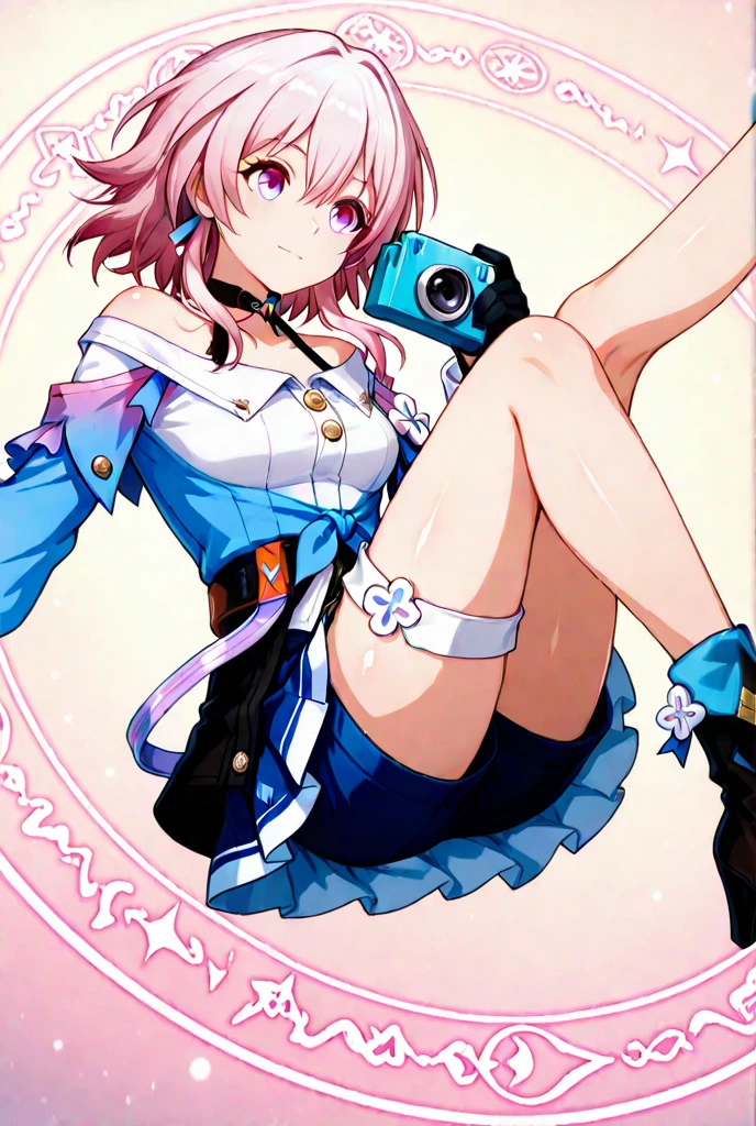 Create an adorable anime-style illustration of a teenage girl with pink hair, wearing a stylish with a mini skirt. She has a playful ponytail and a sweet smile as she confidently . With stylish glasses adding to her charm, she radiates a cute and endearing vibe, perfect for an anime-style illustration.Reading a book A soothing landscape