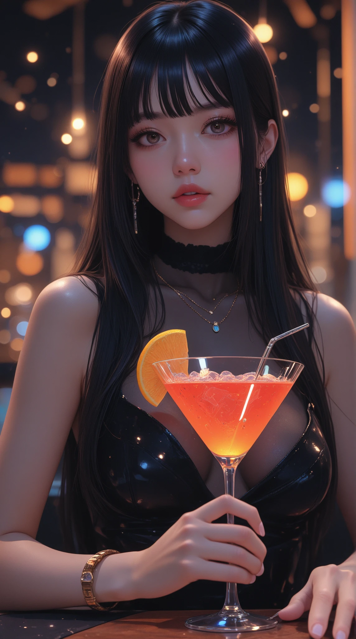 ((16K)),(masterpiece:1.3, Highest quality, Ultra-high resolution, Super detailed), (Realistic, photoRealistic:1.4), Perfect lighting, colorful, Depth of written boundary, Browsing Caution, Surrealism,Face Light,Beautiful detailed hair,((Beautiful eyelashes)), Beautifully detailed face, Beautiful fine details, Beautiful clavicle, Beautiful body, thin脚,Beautiful breasts, Beautiful feet, Beautiful Hands, Cleavage,Pointed Chest, thin, 1 girl,21 years old, Perfect Face, Long eyelashes,Perfect Anatomy, Supermodel with a long neck,((Skinny1.3)),looking at the camera,(Perfect Anatomy,Anatomically correct, Highly detailed skin), Shiny skin,((beautiful girl:1.1)),(( large breasts:1.4))(Mid-length hair:1.4, Wavy Hair:1.2, Black Hair) ,hair over one eye,Dainty facial structure,((Cute smile:1.2 )),((wearing(black&pink) Off-the-shoulder sheer nightie with matching garter belt ,from above,Generate an image of a beautiful woman standing on a balcony at night, drinking a cocktail. The background features a stunning night skyline with city lights and a serene atmosphere. The woman enjoying her drink while taking in the view,