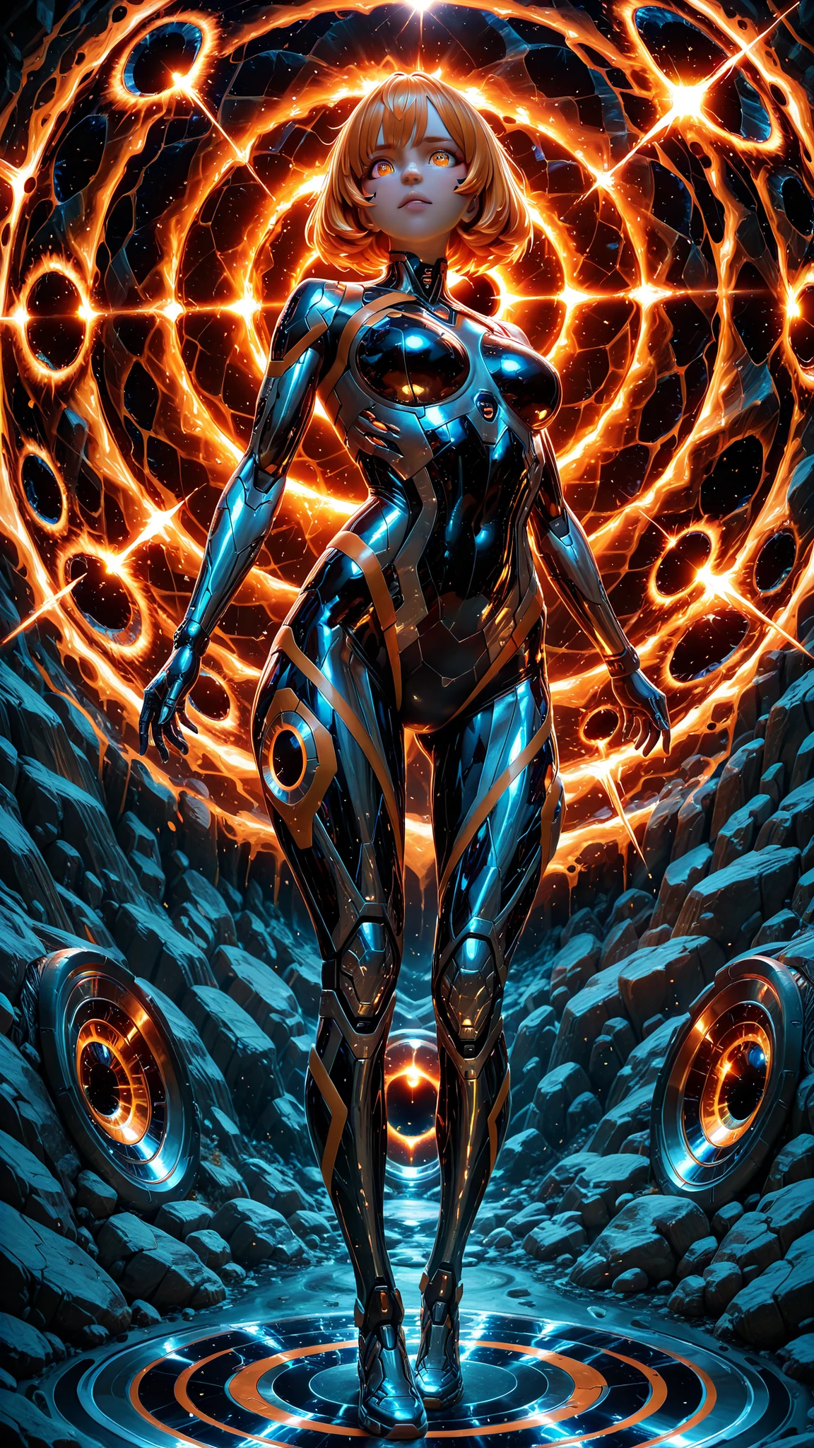 lolly girl, Cyborg , anime image, detailed drawing, , gorgeous orange eyes , eye detailing,amazing quality, HDR,UHD,meticulous detail, perfect detail ,professional photography,bright rich colors,deep sharpness,sharp focus,photorealistic text, full length view, black hole in the background, костюм Cyborgа