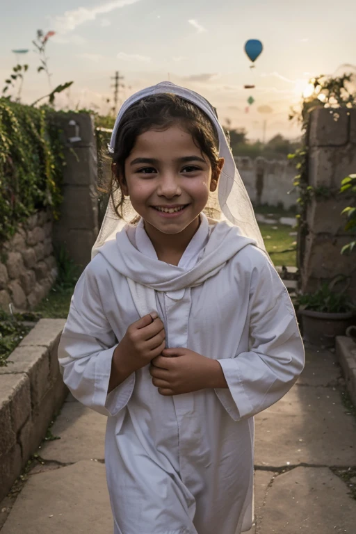 Create a picture of an 8-year-old smiling girl. She should be wearing a white Islamic hijab and a white shalwar kameez. The girl should also have a black bag on his back. The background should be green screen, and the girl should be standing on the left side of the photo.The girl color should be white.