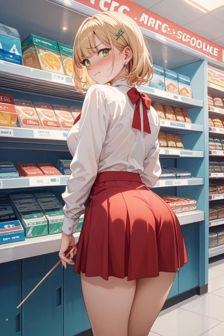 female、 Age 25, Full Body、Brown eyes, Shiny skin、Long brown hair, Wearing a white shirt, Big Breasts,Center View, High resolution, Ultra Sharp, 8K, masterpiece、Escalator in a shopping mall、Angry expression、A look of contempt、Glare、Hunchback、((おAssをアピール))、おAss、おAss、Pleated skirt、、Leaning forward、(((White panties、I'm putting a in)))、Wet Panties、Ass、Ass、Assの近くに手、Masturbation 、(((自分でAssを開く、Assの近くに自分の手))))