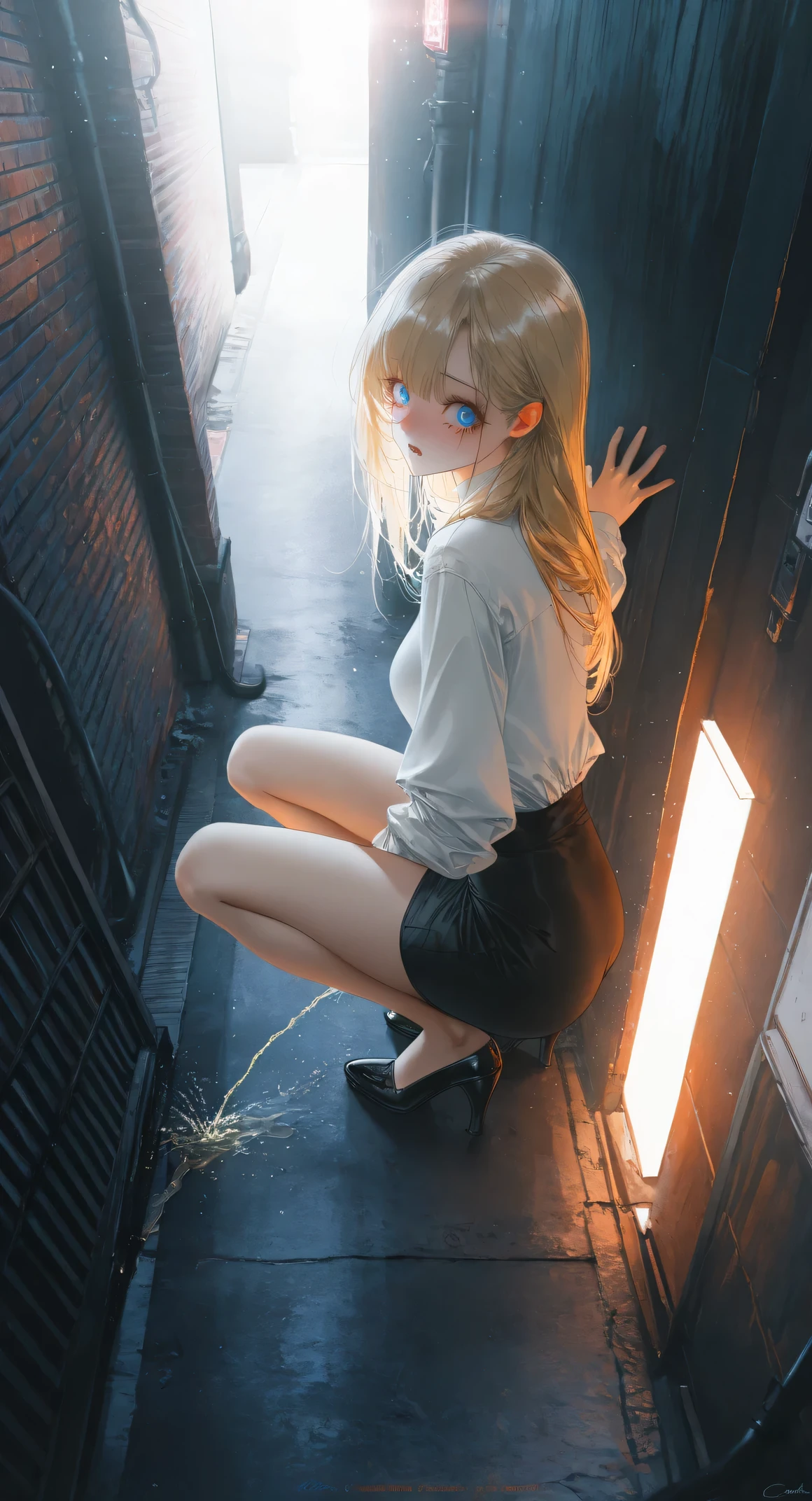 light particles,lens flare,(artist:quasarcake:0.8),extreme aesthetic,(wlop:0.6),wanke,rella,wanke,masterpiece,best quality,good quality,newest,year 2024,year 2023,very aesthetic,absurdres,Visual impact,perspective composition,A shot with tension,sharp focus,Emotionalization masterpiece,unconventional supreme,masterful details,with a high end texture,in the style of fashion photography,(Visual impact:1.2),impactful picture,offcial art,colorful,movie perspective,very aesthetic,absurdres,hyper-detailed, (1girl: blonde hair, blue eyes, looking at viewer, shocked, embarrassed, white shirt, black mini skirt, squatting down, next to the wall, back to the wall, peeing), full body, outdoors, alley, (pov: from side, from above, diagonal view, seen around the corner, far shot:15, wide shot:1.2),
