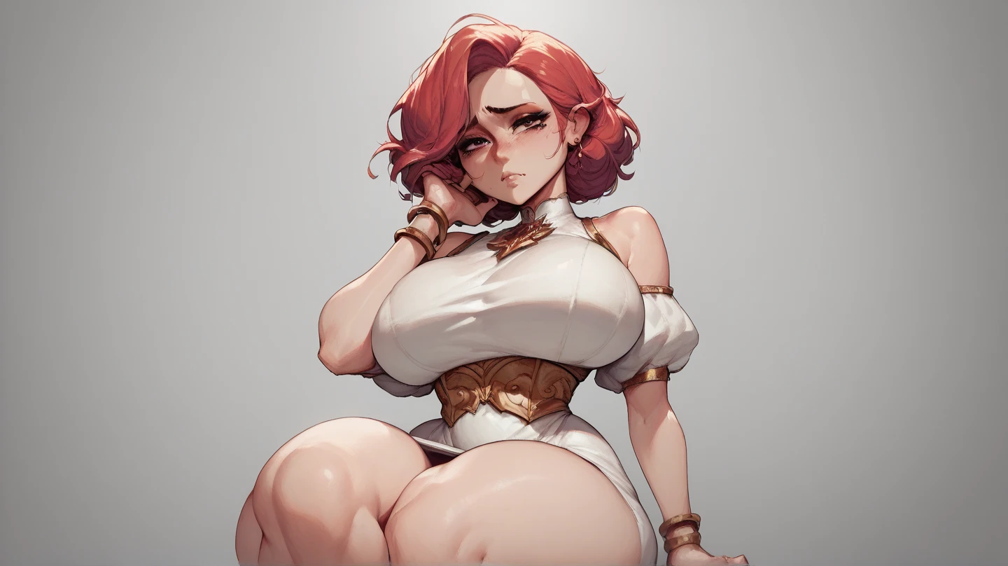 RanmaChan, Red hair, Braided hair, blue eyes, detailed eyes, whole body, lindosexyrobutts, tight black blouse, black crop top, exposed navel, clothing attached to the body, Tanga sexy, sexy stockings, 【Costume】【cosplay】White Dress of Albedo (Overlord), white thong, big neckline, lift, paizuri invitation