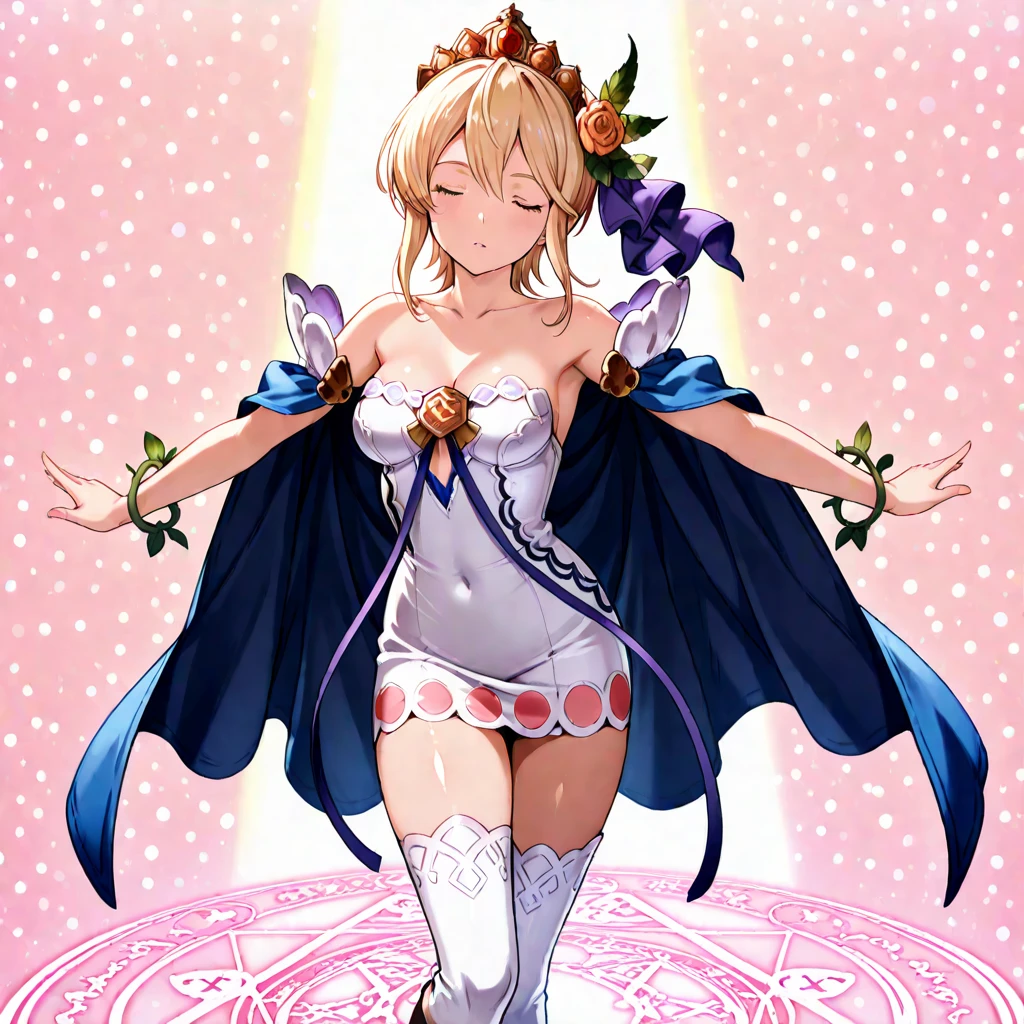 highest quality、Female 1,22 years old，Perfect limbs、Accurate anatomy、Detailed depiction，Super beautiful woman，Slender beauty、short hair、(Blonde、Golden eyebrows,)Purple Eyes，Pink Cheeks,Beautiful Skin，White and deep purple idol costume、Dark purple panties、Black knee-high socks、Beautiful big breasts、Exposed thighs，Live Stage、sing、Dancing、(Provocative smile)，((Sweat:1.4))，The purple spotlight shines on her.