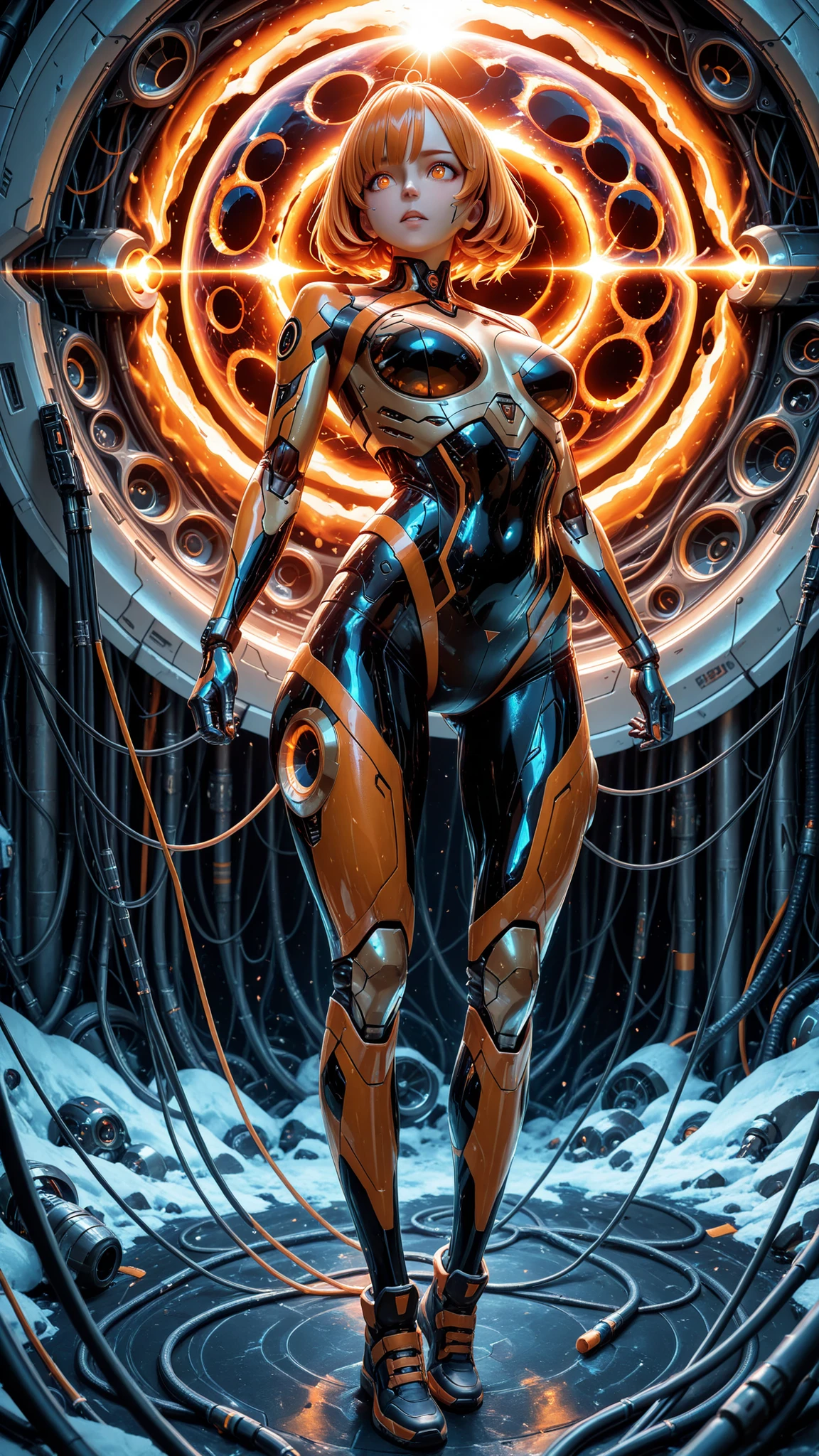 lolly girl, Cyborg , anime image, detailed drawing, wires and cables instead of hair, gorgeous orange eyes , eye detailing,amazing quality, HDR,UHD,meticulous detail, perfect detail ,professional photography,bright rich colors,deep sharpness,sharp focus,photorealistic text, full length view, black hole in the background, костюм Cyborgа