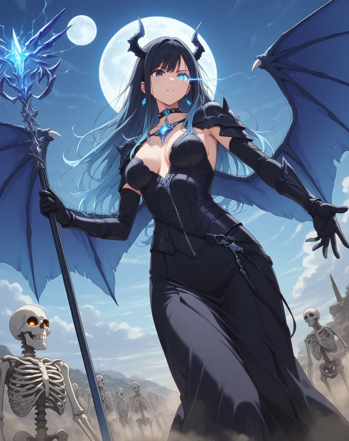Fictional illustration of fantasy characters, Dynamic posture, Smiling, Perfect very beautiful woman with beautiful eyes, delicate beauty, Long curly hair of bright blue color, A cloak is draped over a naked body, Nearby is a sinister black dragon, Gothic landscape, Fantasy art, Detailed, high-quality, higly detailed, realisti, tmasterpiece, 16K resolution