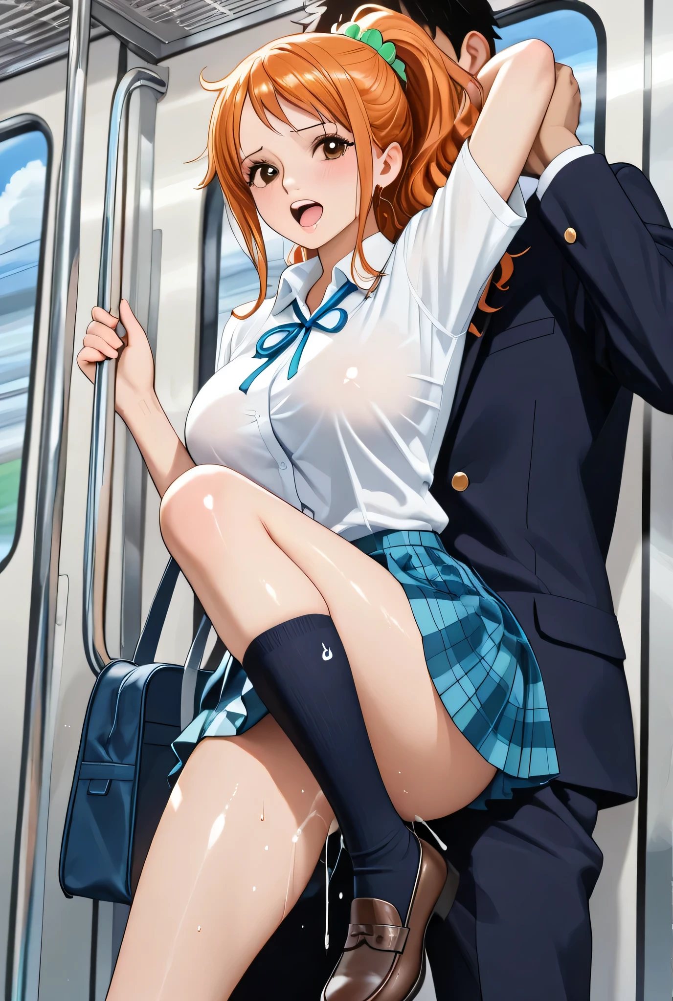 pieces fly、masterpiece、highest quality、Super detailed、High resolution、High resolution、8K portrait、Unity 8k壁紙のHigh resolutionCG、unity 8k wallpaper、cute type little:1.5、:1.5、Highly detailed CG unity 8k wallpaper、realistic、real person、cute type little、 portrait photography、shiny skin、High resolution、(16 years old:1.2)、(1 girl)、beautiful clear eyes、very detailed explanation、delicate face、nice lips、slender body、Same with big breasts thin waist、thin legs、(on the train:1.6)、1 girl, cute type, perfect face, seriously, (blush:1.5),(golden hair ponytail:1.2),((there are many people nearby:1.4)),Same with big breasts,((school uniform:1.2)),(((clothing lift:1.5))), (((I have nipples))), Detailed description vagina,show vagina,spread legs,spread ,((Orgasm in the vagina:1.5))
