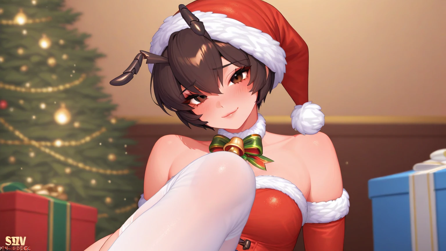 Mavis wearing santa outfit, christmas outfit, sexy, santa hat, cute, black lipstick, black hair,