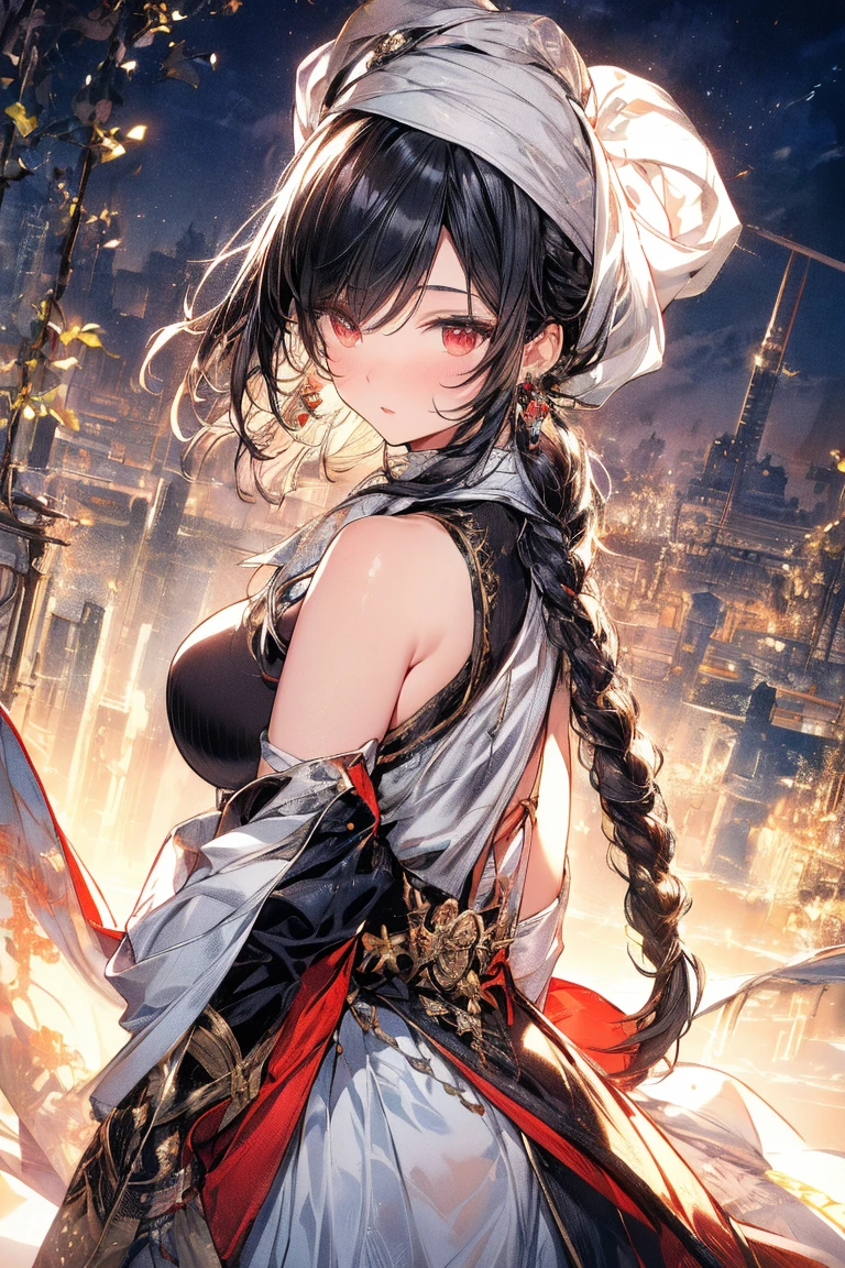 a matured woman with long black hair and a white outfit, (at a rock place in a desert:1.5), (resting in Stone circles:1.2, holding metal water bottles:1.3, sitting Indian-styles with spreading legs:1.3, and cross-legged:1.3, with lifting arms, in front of Arabic ruins:1.2), Arabic, (Post apocalyptic:0.2), from arknights, artwork in the style of guweiz, bodyesbian, fine details. girls frontline, beautiful anime illustration, from girls frontline, by Yang J, stunning, 26 years old, (milf:1.3), (solo:1.5), (sfw:1.25), sagging breast, fuge breasts, big tits, thin waist, big ass, Raised sexy, (dark mahogany medium short hair, updo, hair over one eye, asymmetric hair, Carly hair, low tied braids),(musulman, white Headscarfs, hair bands, head vandage, Turban), (ultra high resolution, 8K RAW photo, photo realistics, thin outline:1.3, clear focus), best qualtiy, natural lighting, textile shading, blurry back ground, field depth, bokeh, (Bright pupils, fine detailed beautiful eyes with highlight:1.3, high detailed face), Red lip, looking down viewers:1.3, (dynamic angle:1.2, front view:1.2, breast focus:1.3, from below:1.2), dynamic posing, (sexy posing:1.2, leaning forward), seductive smiling:1.3, center image, (wearing white long jacket and clothes, wearing white robes:1.2, ((bare breast:1.37)), platinum ornaments, rolling white clothes around waist, camel-brown long leather boots:1.3, translucent lace pantyhose), ((correct anatomy:1.5)), ((outdoor:1.2, in a night:1.3)),