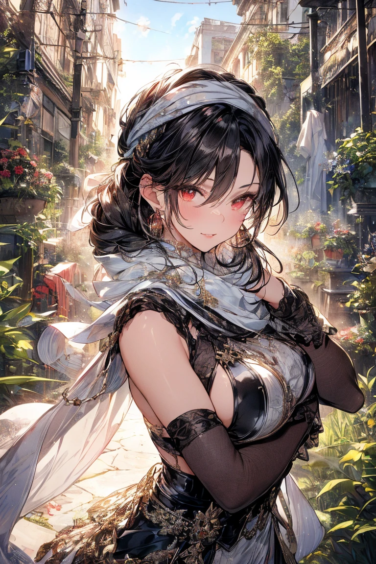  22 years old, (milf:0.8), (solo:1.5), (sfw:1.25), cute breast, beautiful breasts, medium tits, thin waist, big ass:1.0, Raised sexy, (dark mahogany medium short hair, updo, hair band, red eyes, light smile, big , Revimpling fabric, earrings, Hand gloves, detailed face,(smoking:1.3),brunette hair,detailed and beautiful eyes,beautiful detailed lips,Rolling her eyes,manner,hair over one eye, asymmetric hair, Carly hair, low tied braids),(musulman, white Headscarfs, hair bands, head vandage, Turban), (ultra high resolution, 8K RAW photo, photo realistics, thin outline:1.3, clear focus), best qualtiy, natural lighting, textile shading, blurry back ground, field depth, bokeh, (Bright pupils, fine detailed beautiful eyes with highlight:1.3, high detailed face), Red lip, fine realistic skins:1.1, looking down viewers:1.3, (dynamic angle:1.3, front view:1.1, breast focus:1.3, from below:1.2), (dynamic posing:1.5, sexy posing:1.2, leaning forward),Youghal, side lock, hair ornaments, hair band,nice,garden background,artistic rendering,Super detailed,(highest quality,4k,8K,High resolution,masterpiece:1.2),Bright colors,studio lighting ,in usa military base,