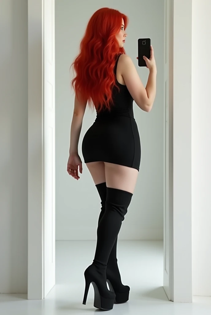 Picture should be showing model Posing for pictures standing in front of a mirror, hyper realistic, white European British woman, beautiful face, fire red hair, long straight hair, medium make up, green eye color, bright red smokey eyeshadows, huge eyelashes, red lips, big breasted, body figure slim thick , wearing a short black dress, with fishnets on legs, wearing high heel boots.