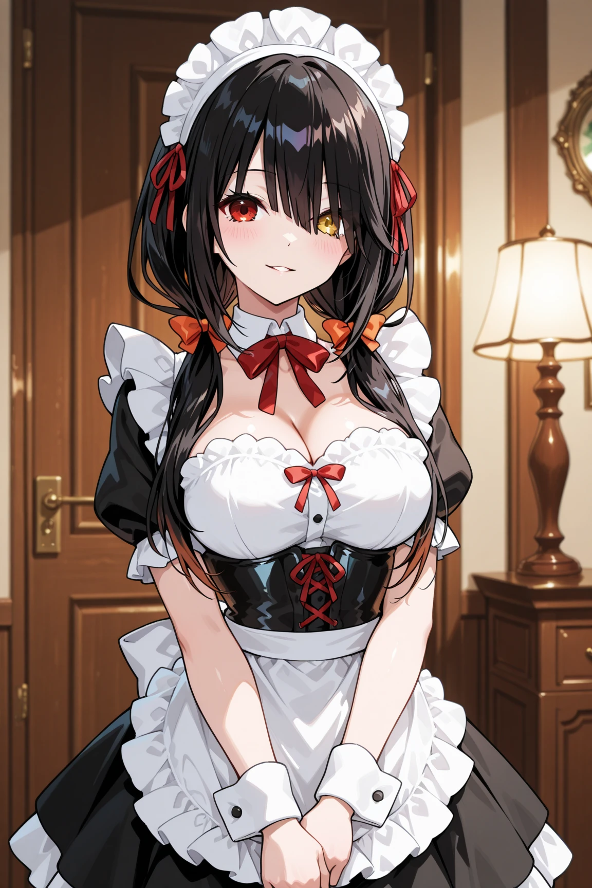 best quality, masterpiece, highres, solo, {maid:1.40}, {long maid dress:1.15}, {beidou_genshin:1.15}, long_hair, eyepatch, red_eyes, brown_hair, hair_ornament, hair_over_one_eye, breasts, one_eye_covered, hairpin, smile, hair_stick, jewelry, bangs, earrings, large_breasts, cleavage