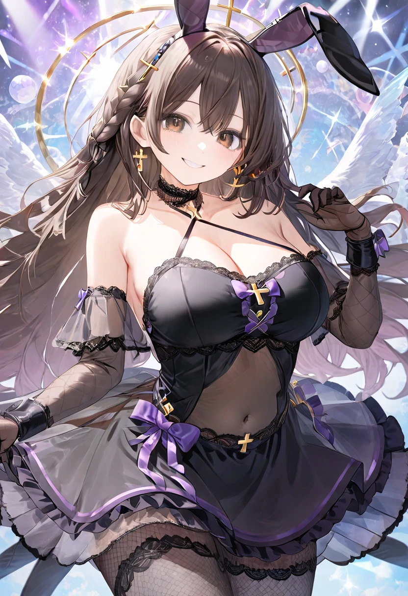 Masterpiece、Highest quality、Super detailed、1 girl、Big Tits、Cleavage、Gray Hair、Fluffy and soft long hair、Pink eyes、Heart Pupil、music、Lace cape、underwear、Ruffles and ribbons、Sparkling starry sky、Sprinkled with stars and crystals、smile、Pink Lipstick、Earrings、Lace veil