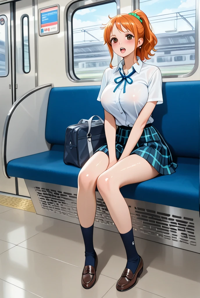 debris flieasterpiece、highest quality、Super detailed、High resolution、High resolution、8K portrait、Unity 8k壁紙のHigh resolutionCG、unity 8k wallpaper、cute:1.5、:1.5、Highly detailed CG unity 8k wallpaper、realistic、real person、cute、 portrait photography、shiny skin、High resolution、Orange Bob Hair、(16 years old:1.2)、(1 girl)、(Inside the train:1.6)、(school uniform),perfect face, seriously, (blush:1.5),(((clothing lift:1.5))), (medium chest:0.8),(((I have nipples))), Detailed description vagina,show vagina,spread legs,spread ,((vaginal orgasm:1.7)), green ribbon