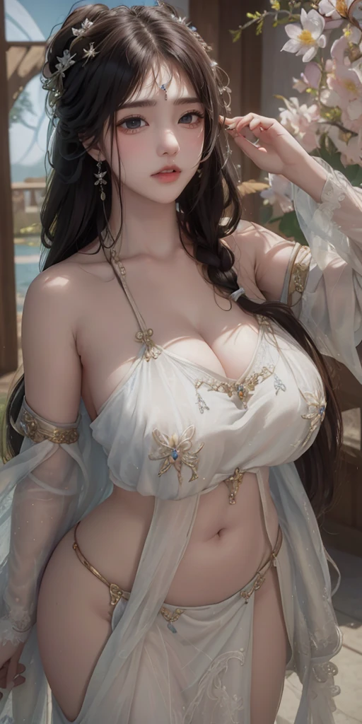 (masterpiece, best quality:1.4), (8K), ((Hunter King)) as age 25 fantasy elven moon priestess, perfect detailed feminine face, ((huge busty fake round bimbo tits)), perfect feminine body, (manipulative seductive confident sultry), wearing medieval fantasy clothing, (low cut loose sheer transparent silver toga dress showing off ample cleavage and curves of the hips), ((wavy dark black hair with bangs)), arching her back sticking her tits out seductively, eye contact looking at viewer, facing camera, intimate close up, (playful teasing grin), (bending forward leaning over viewer showing cleavage), outdoor fantasy landscape
