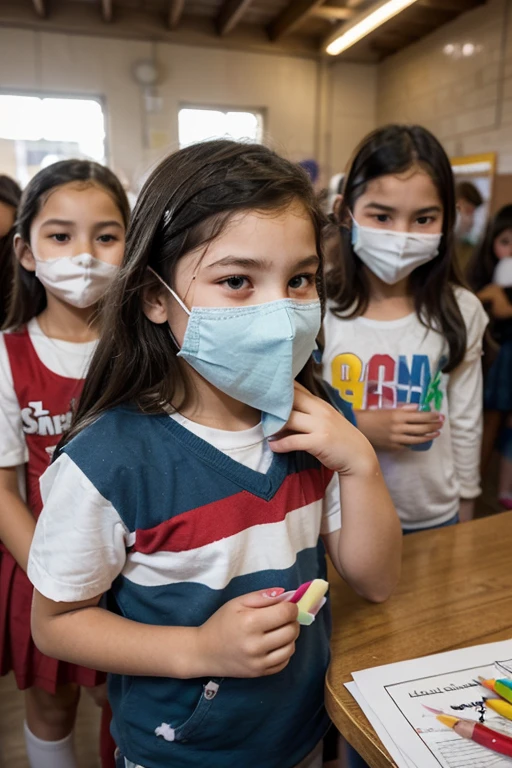 Children Girls in a classroom with a tape on her mouth