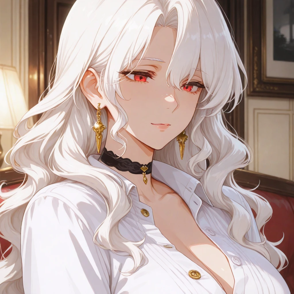 1 Girl, Long hair, shirt, white shirt, slick back hair ,Upper Body, chandelier earrings, jewelry, white hair braid,crop top, leather pant , necklace,big breasts