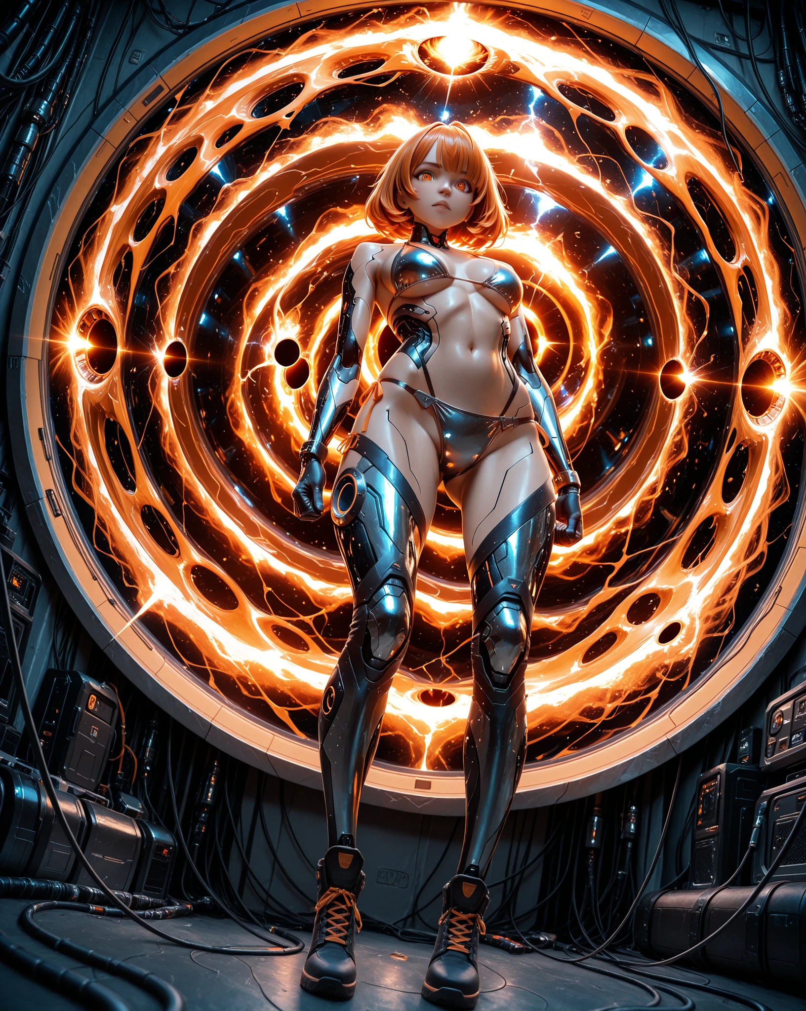 lolly girl, Cyborg , anime image, detailed drawing, wires and cables instead of hair, hair from wires, gorgeous orange eyes , eye detailing,amazing quality, HDR,UHD,careful detail, perfect detail ,professional photography,bright rich colors,deep sharpness,sharp focus,photorealistic text, full length view, black hole in the background, костюм Cyborgа, steel bikini ,backend types, Angle below, with her back to the viewer