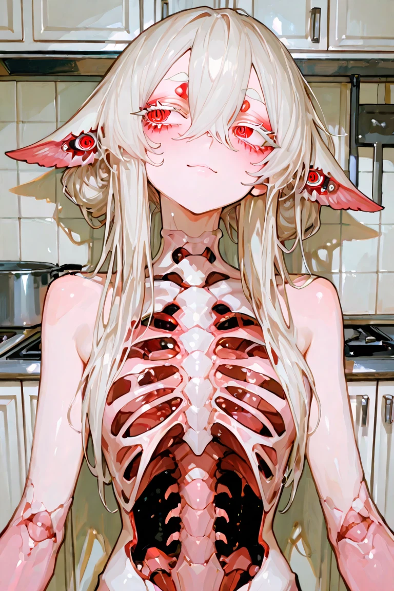 ((Best masterpiece, Perfect quality, Ultra detailed)), ((Grotesque, Fleshy, Parasitism)), ((Wounds, Cysts, Blisters, Tumors, Organs, Spines, Mucus)), A skinny girl, With small bust, With light gray hair, Wears worn out fabric, She was parasitized. Scratched body, Teared skin, Mutated limbs, Bloody wounds, Lacerated cheeks, Parasites, Maggots, Infection, Infesting, Surrendered