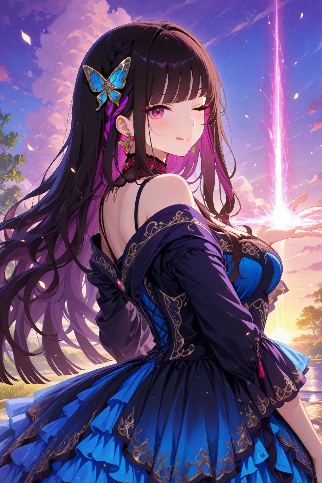 **259. One person。Phantom Silk Dancer。Dancing on a mysterious stage。Cowboy shot or close-up。  
masterpiece, best quality, ultra detailed (Detailed fingers), (Emotional), (Breathtakingly beautiful),  
(main part: 1.2 Whole body。), (Anime Style), (Very detailed), (Phantom Dance),  
(超High resolution, High resolution), (8k), (High resolution: 1.2), (Complex and beautiful: 1.2)**
- background: Dim Stage、A fantastical landscape where smoke and light intertwine。
- Silk Dancer: Young woman, around 18 years old、Dressed in a thin silk costume、Dancing in the air using silk。
-pose: Manipulating silk in the air、The moment of striking a beautiful pose。
-expression: Mysterious and dreamlike expression、A posture that draws the audience in。
- Effects: The silk fabric reflects the light、An effect that envelops the entire stage in fantastical light。
-color: Mysterious purple and silver、A contrast that symbolizes the enchanting atmosphere of the stage。
