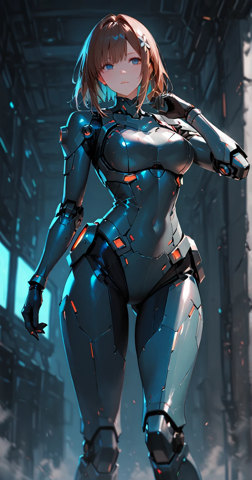 8K HD, best picture quality, clear picture, amazing details, beautiful girl and robot body, full body robot, girl focus, detailed girly face, girly details amazing, upper body photo, robot factory background, optimized depth of field to make the picture more realistic.