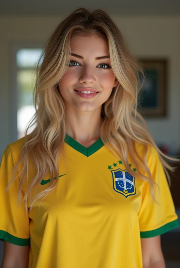 A woman, Brazilian, blonde, green eyes, white, wearing the shirt of the Brazilian football team, holding a soccer ball under her arm, anime style