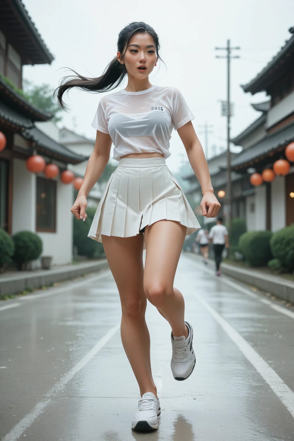 Arad women in white shirts and pink skirts squat on the road, wearing tight simple clothes, smooth white tight clothes suit, photo of slim girl model, photo of slim girl, fit dainty figure, Good hips and long legs, tight costume, xintong chen, Sporty, cute sportswear, xision wu, 2 4 year old female model