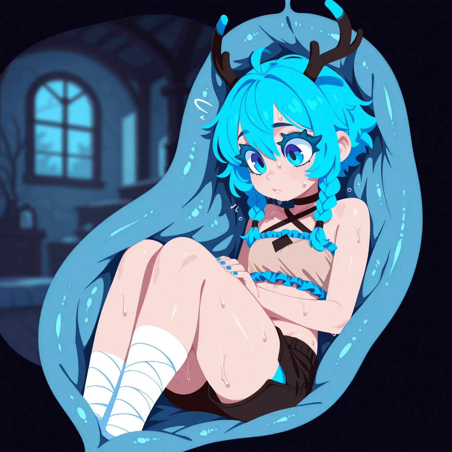 (((blue skin:1.3))),(long hair),(light green color hair),(Black Sclera),((small breasts)),((slender child)),((highest quality)), ((masterpiece)), (be familiar with), Perfect Face,1 boy and 1girl are having sex on bed,succubus woman,Demon woman,demon horn,demon wing,demon tail,((crotch tattoo)),smile,squat,(1boy),(penis),(cowgirl position),reverse sex,riding sex,Leg spread,squat,semen,Liquid is dripping