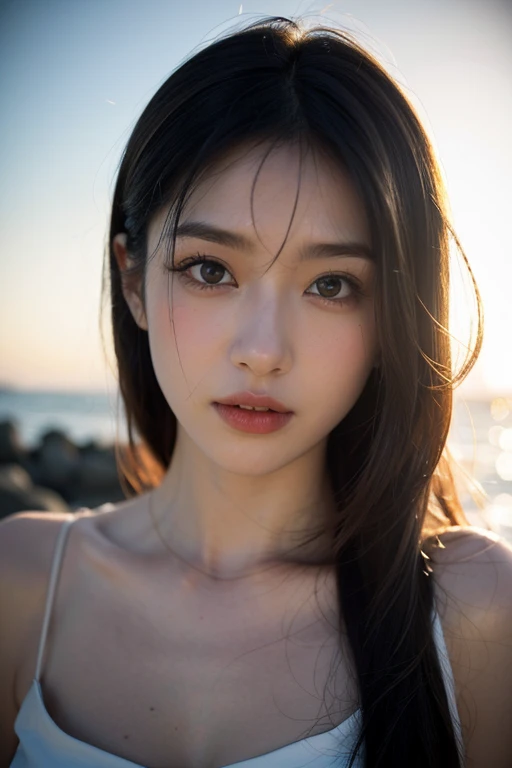 20th Generation、Medium-long hair、Swimwear、Slit eyes、Half-Japanese appearance、A close-up portrait of a seductive woman、beach、sunset、Wave、Sandy Beach