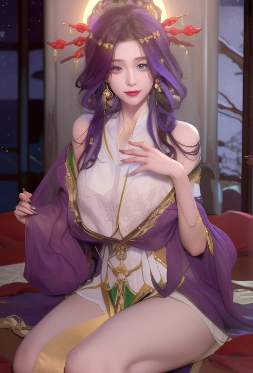 (hyperrealistic), (illustration), (high resolution), (8K), (extremely detailed), (best illustration), (beautiful detailed eyes), (best quality), (ultra-detailed), (masterpiece), (wallpaper), (photorealistic:1.4), (natural light), (rim lighting), (detailed face), high detailed realistic skin texture, anatomically correct, solo, 1 girl, (high detailed realistic long dark purple hair:1.25), (beautiful Rosy Zhao:1.5), (beautiful cute European girl:1.7), heterochromic eyes, (detailed green eyes), small moles under the eyes, (big breasts:1.5), long legs, tight abs, dynamic pose,