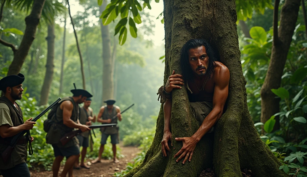 A handsome 27-year-old, beautiful, white young man with short black hair and an angelic face, trapped and tied up by 3 large, bearded men in the jungle, kidnapped.