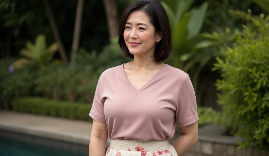 A 57-year-old woman with short black hair was playing with waist-deep flood water, smile, pink lace