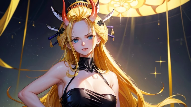 ((top-quality, 8K, masterpiece:1.3)), A detailed eye, (looking at from the front), Look at the camera, ((Everything is sparkling、reflecting light:1.2)), (Best Ratio: 4 fingers, 1 thumb), ((Black Maria from One Piece))), long hair, yellow hair, cute face, blushing ,big red lips, portrait, oni horn, contrapposto, naughty expression, beautiful body,