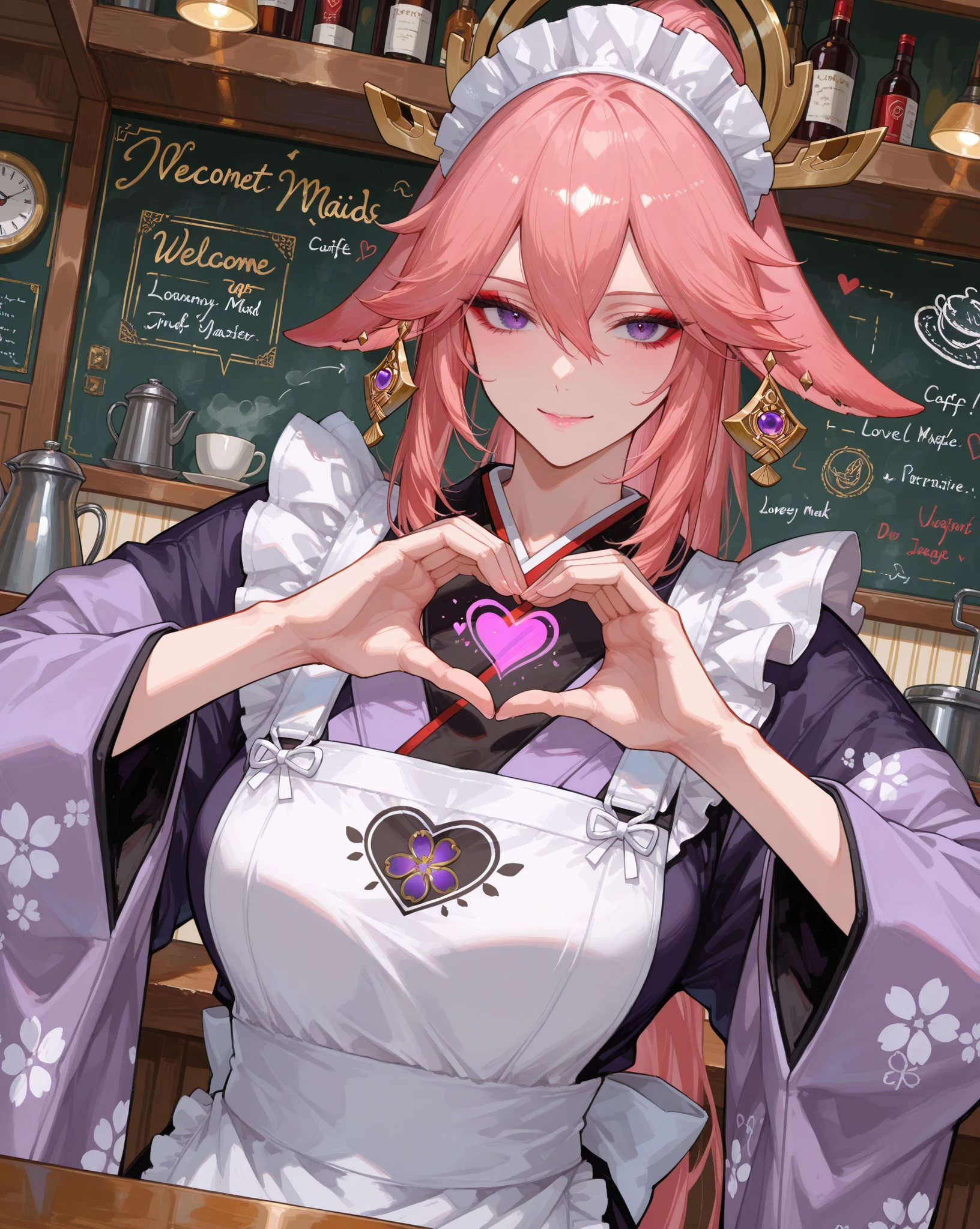 1girl, perfect anatomy, masterpiece, best quality, very aesthetic, ultra-detailed, best illustration, unity 8k wallpaper, 100-layer, intricate, overall detail, maid cafe, (jiraikei makeup), ((jiraikei kimono)), lovely maids, Welcome back master, perfect mature body, heart hands, elegant, cute, Japan maids, dynamic angle / intense angle, with two people heart hands, chignon, {{{{ponytail}}}},yae miko, purple eyes,gravure pose, dynamic angle / intense angle,
