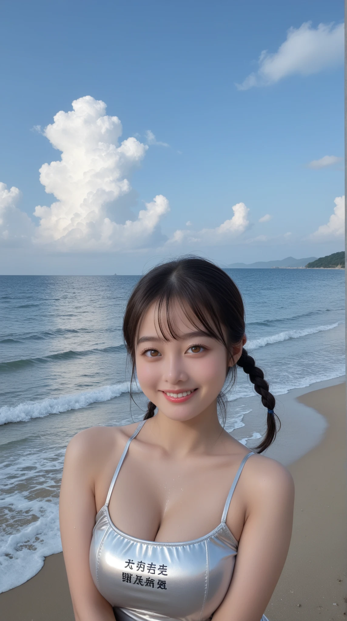 ((Best picture quality, 8K, tmasterpiece:1.3)), 1girll, Beautiful woman with slender abs:1.3, (High ponytail, No leakage of big breasts:1.2), Spidey:1.1, Ultra-fine face, A detailed eye, 二重まぶた,ssmile,Handheld Canon camera,Behind is the clear blue sea,Modern Chinese architecture