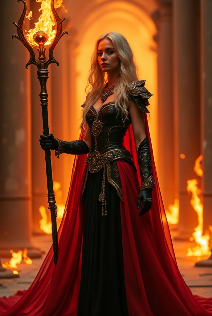 A tall sensual woman, big bust and big buttocks, 35 year old, fair skin and hair with blonde highlights, red and black flared dress, golden jewelry, Laughing, fleshy and red mouth, carrying a large golden trident, cemetery gate with full moon and fire on the ground 