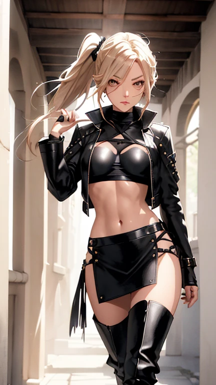  ((best quality)), ((masterpiece)), (detailed), 1girl, NSFW, small breasts, prominent collarbones, skinny arms, flat stomach, visible hip bones, long hair, red hair, white hair, blonde hair, dark hair, ponytail, thick ponytail, heavy ponytail, red and white clothing, Bloodborne inspired, occult aesthetic, occult, detailed and intricate steampunk and detailed gothic