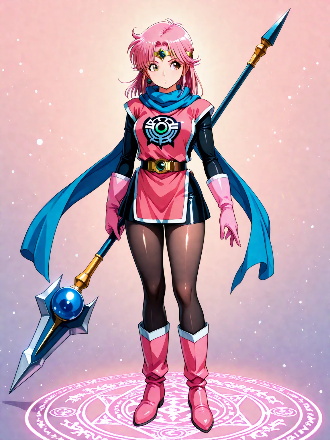 Digital painting of a woman with royal pink hair, super hero, muscle girl, pose, fist up, arm up, ((from above)), 1knee up, Behance Contest Winner, Afrofuturism, Synthwave, neon, glowing neon, sagging massive breasts, mini skirt with frill, cape, ribbon, sweat, glossy silky skin, ((smile)), cosmic sparkling in space,