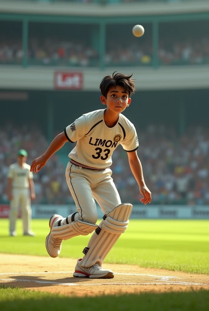 A boy wearing cricket kit in stadium bench name sada 55