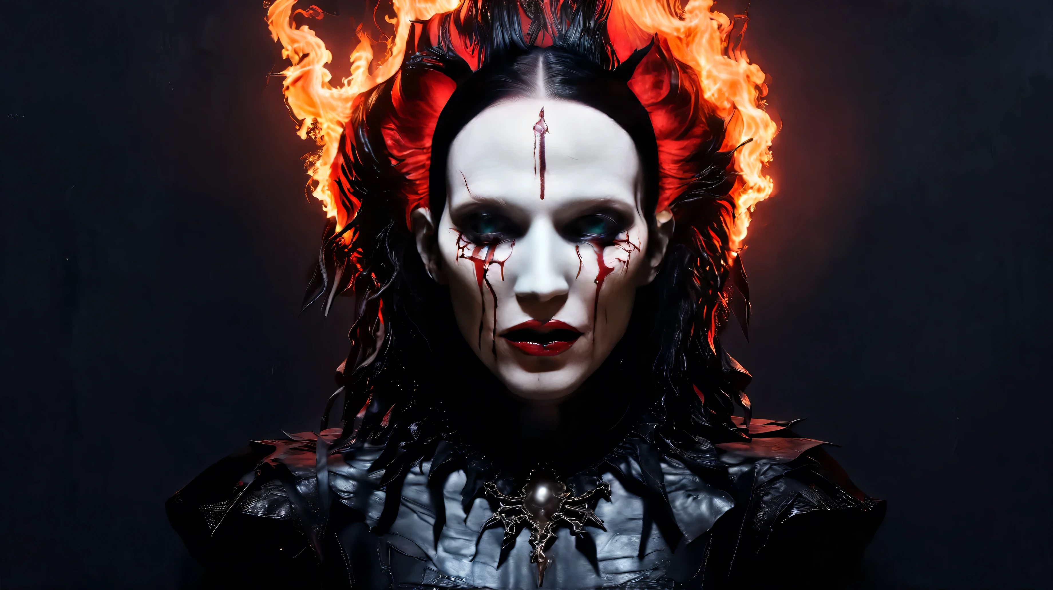 Marilyn Manson inspired, photography, trendy close up, strange dark background with fire, dead animals in gothic castle, leather, extreme and sinister fetish, straps and zippers, fetishist, sadomasochism, Extremely bizarre, until