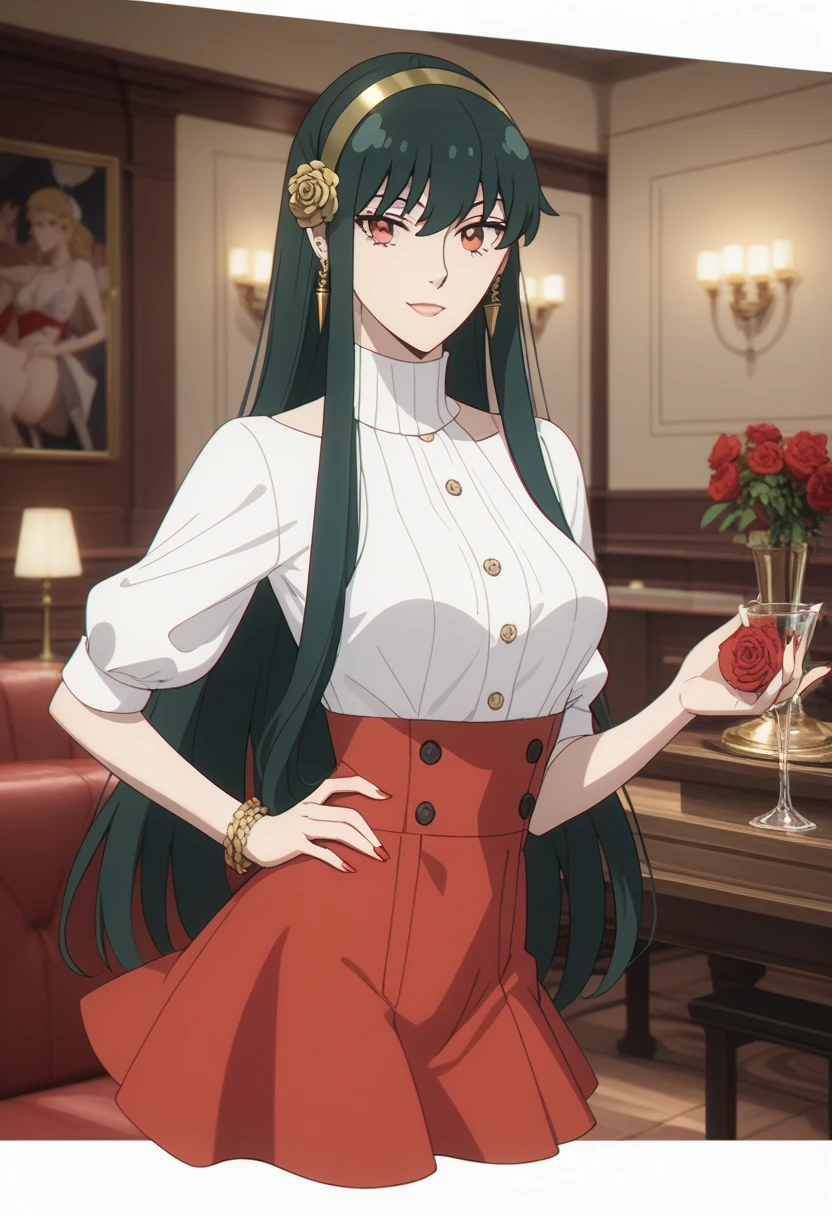 rhea, fire emblem, green eyes, long green hair, seductive woman, wearing crown, red and black flannel pajama onsie, medium size breasts, massive ass, smiling, blushing, full body