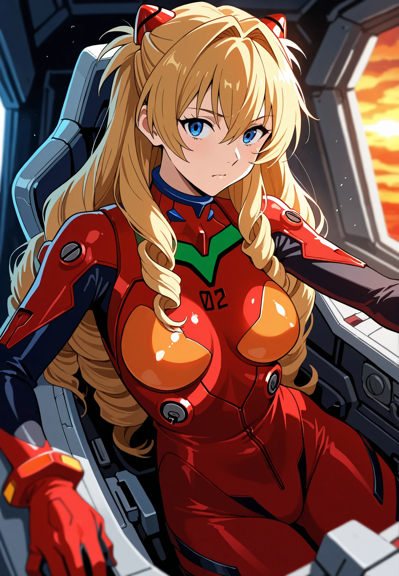 1girl,Elinalise Dragonroad, mushoku tensei,souryuu asuka langley \(neon genesis evangelion\) cosplay, red plug suit,naturally sagging, mech cockpit, depth of field,alluring atmosphere, cinematic lighting, masterpiece,top quality,warm color,high resolution,high fashion,absurdres extremely,vivid colors,intricate details,best quality,amazing quality,very aesthetic,newest,ultra-detailed,nsfw,