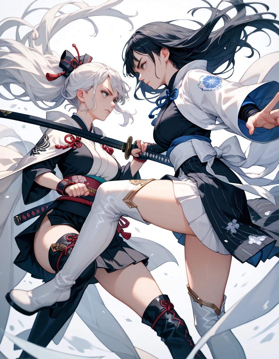 Full body shot from head to feet, two female characters from Sengoku Basara. Female 1 attacking Female 2 with katana, whileFemale 2 defending with katana, but wounded and killed, in pain expression. Both characters have long hairstyle, wear traditional sleeveless kimonos, with obi and long gloves. Both characters wears short skirt is also a prominent feature of their attire, complemented by black thigh highs stockings. The background set in a deep forest, with simple effect.
